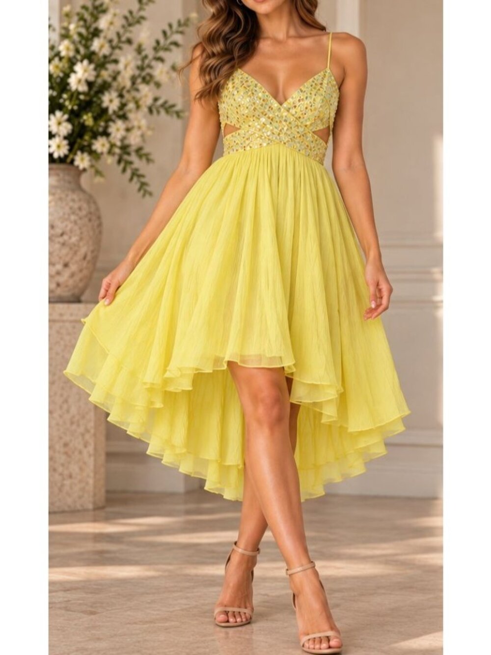 Vintage Y2K BCBG MaxAzria Yellow Silk Sequin Strappy Cut Out High Low Dress Sz 8